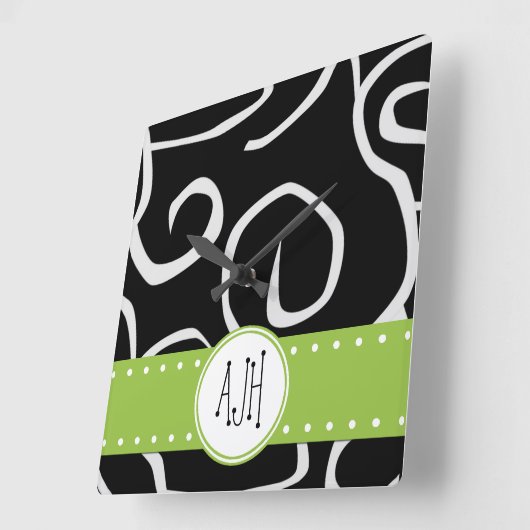 渦巻き模様,白黒,モノグラム スクエア壁時計 (傾斜)