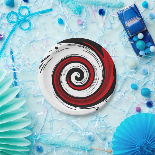 渦巻き状の液体モダン円の黒い赤い白 ペーパープレート (パーティー)