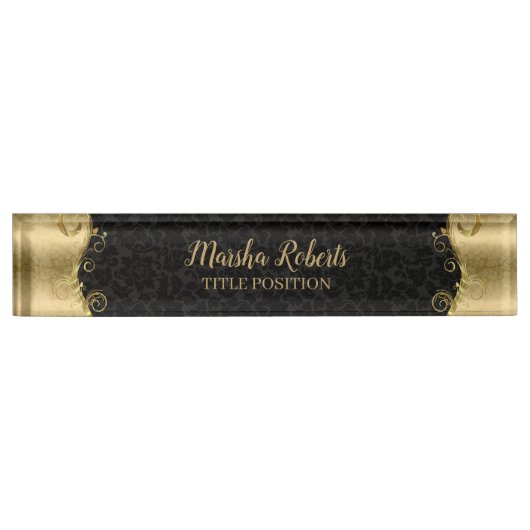 渦巻き状の黒と金ゴールドのダマスク デスクネームプレート (正面)