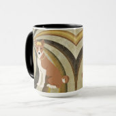 渦巻き状赤と白の背景にバセンジ犬 マグカップ (正面左)