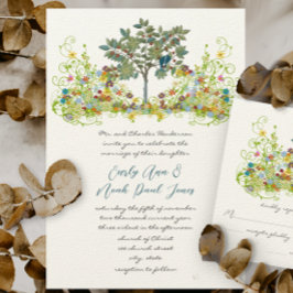 渦巻き花ラブバードツリー結婚式招待状 招待状