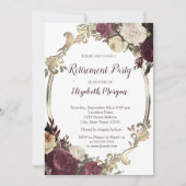 渦巻き金ゴールドフレーム、バーガンディ花の退職 招待状 (正面)