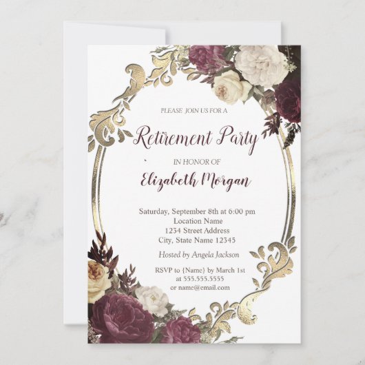 渦巻き金ゴールドフレーム、バーガンディ花の退職 招待状 (正面)