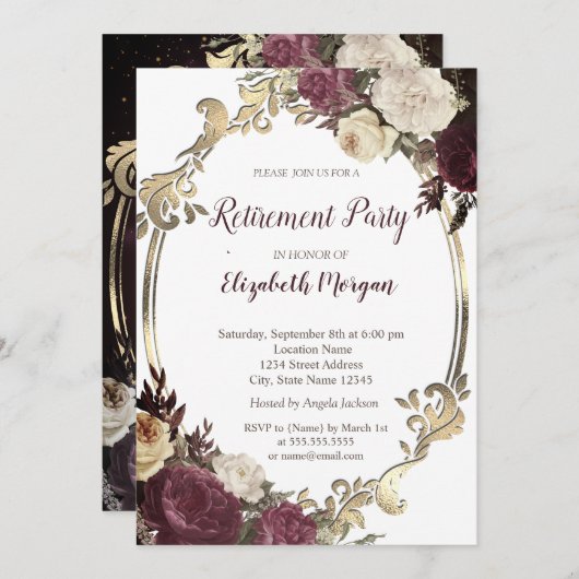 渦巻き金ゴールドフレーム、バーガンディ花の退職 招待状 (正面/裏面)