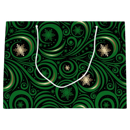渦巻き雪と雪片グリーンと金ゴールド ラージペーパーバッグ (正面)