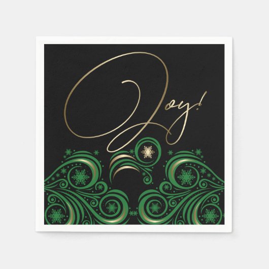 渦巻き雪と雪片金ゴールドと緑の喜び スタンダードカクテルナプキン (正面)