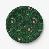 渦巻き雪と雪片金ゴールドと緑 ペーパープレート (正面)