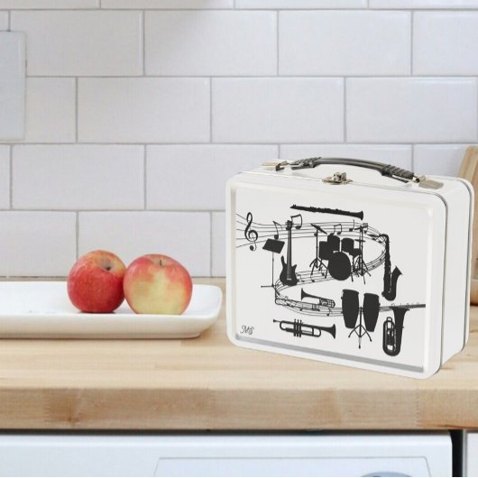 渦巻き音楽スタッフとミュージカル楽器 メタルランチボックス