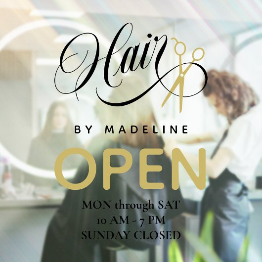 渦巻き黒髪 & はさみ ヘアサロン営業時間 ウィンドウサイン