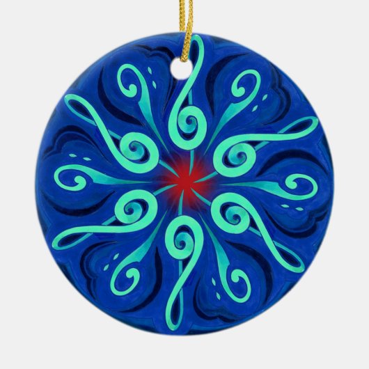 渦巻くクレフ、音符記号およびカラフルなキーボードの円 セラミックオーナメント (正面)