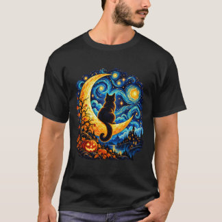 渦巻く夜の月光に照らされた猫 Tシャツ