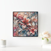 渦巻く模様の中で咲くユリ スクエア壁時計 (ホーム)