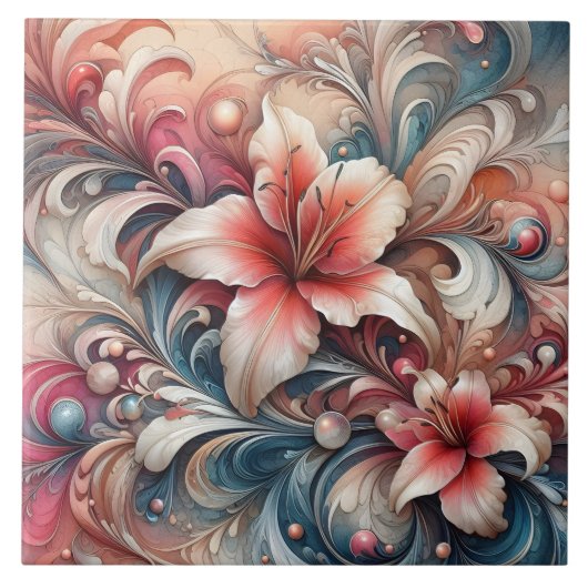 渦巻く模様の中で咲くユリ タイル (正面)