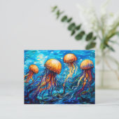 渦巻く水中油絵の中のクラゲ ポストカード (スタンド正面)