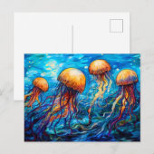 渦巻く水中油絵の中のクラゲ ポストカード (正面/裏面)