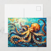 渦巻く海のタコの油絵 ポストカード (正面/裏面)