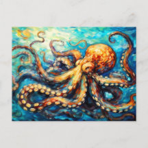 渦巻く海のタコの油絵