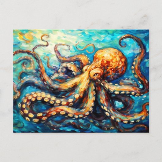 渦巻く海のタコの油絵 ポストカード (正面)