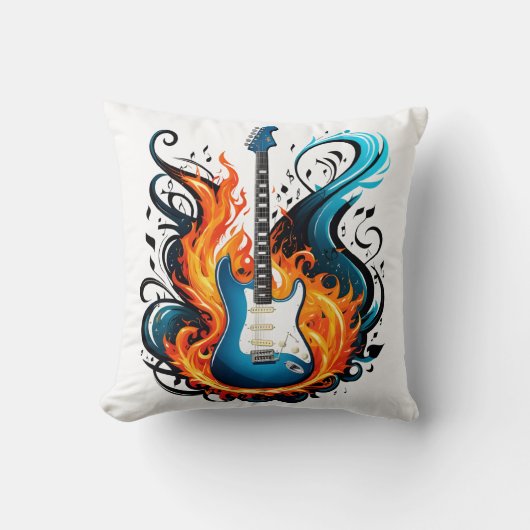 渦巻く炎に囲まれた燃えるような青いギター クッション (正面)