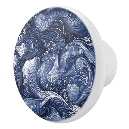 渦巻く青と白の抽象芸術 セラミックノブ (右)
