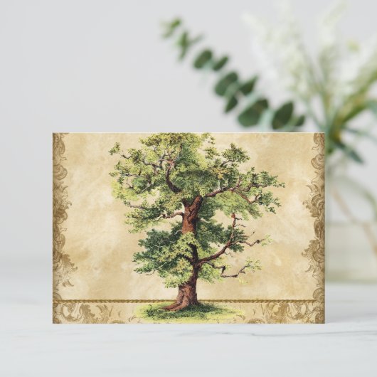 渦巻のエッチングの羊皮紙ヴィンテージのカシの生命の樹 出欠カード (スタンド正面)