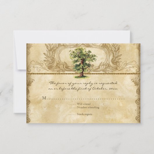 渦巻のエッチングの羊皮紙ヴィンテージのカシの生命の樹 出欠カード (裏面)