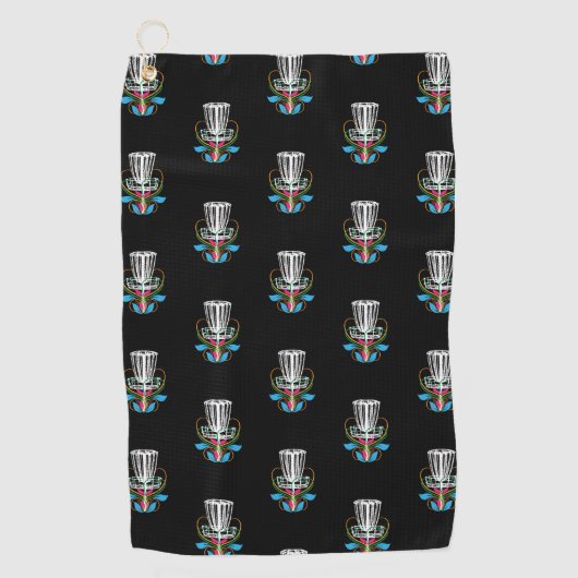 渦巻のバスケットが付いている黒いディスクゴルフタオル ゴルフタオル (正面)