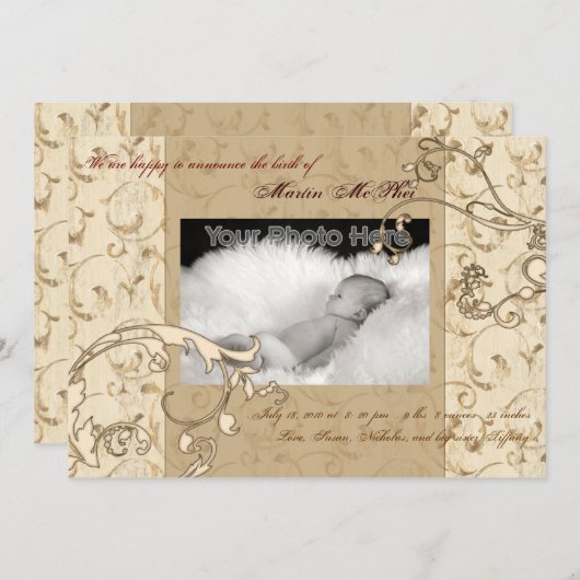 渦巻のヴィンテージのベビーの誕生の発表 案内状 (正面/裏面)