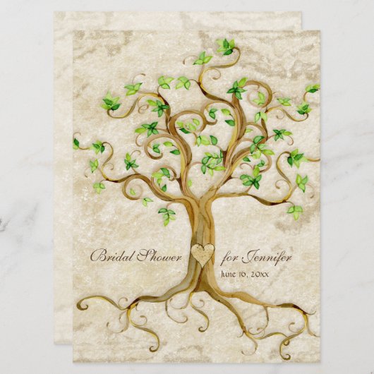 渦巻の木の根はタンのブライダルシャワーをAntiqued 招待状 (正面/裏面)