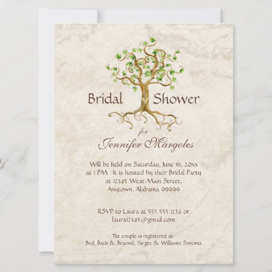渦巻の木の根はタンのブライダルシャワーをAntiqued 招待状 (裏面)