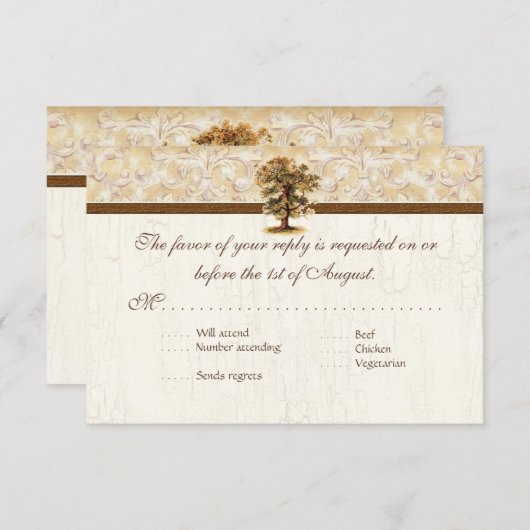 渦巻の木の根は羊皮紙の結婚式をAntiqued 出欠カード (正面/裏面)