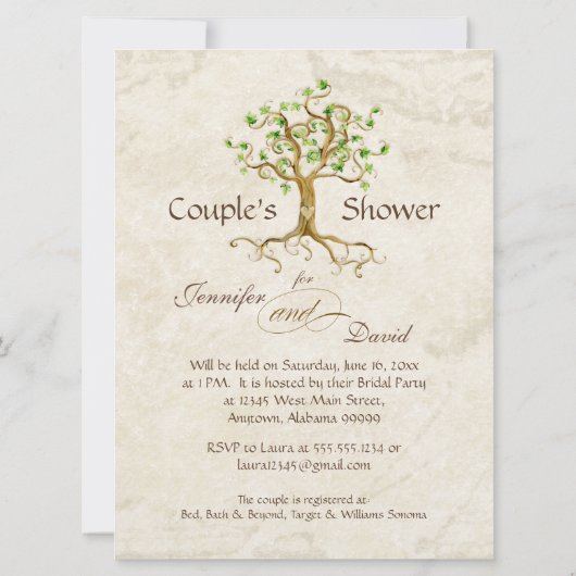 渦巻の木の根Antiquedタンのカップルのシャワー 招待状 (裏面)