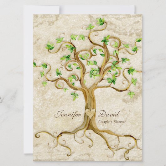 渦巻の木の根Antiquedタンのカップルのシャワー 招待状 (正面)