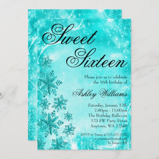 渦巻の雪片のティール（緑がかった色）の菓子16冬の不思議の国 招待状 (正面/裏面)