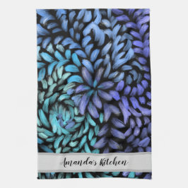 渦巻パーソナライズされたきティール（緑がかった色）と青花びら キッチンタオル