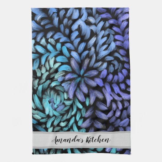 渦巻パーソナライズされたきティール（緑がかった色）と青花びら キッチンタオル (縦)