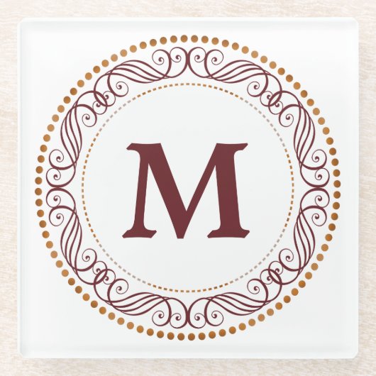 渦巻フレームの赤のモノグラム ガラスコースター (正面)