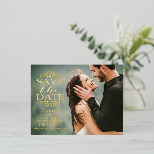 渦巻モダンき |写真カスタム日付の保存実在 箔招待状ポストカード (立ち正面)