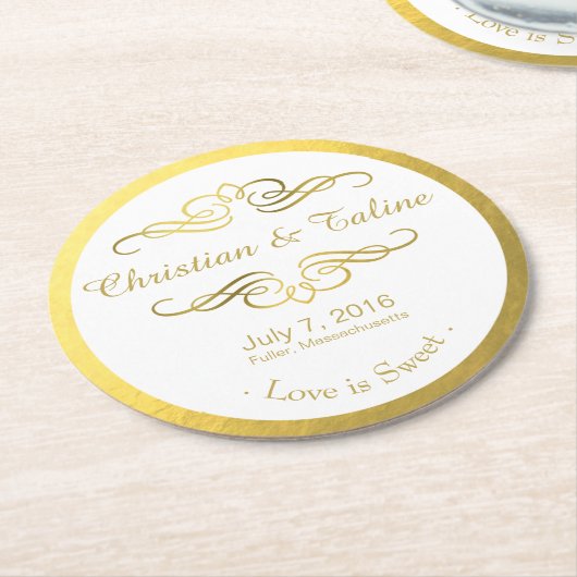 渦巻形のな華麗さの白のフェイクな金ゴールドホイル ラウンドペーパーコースター (アングル)