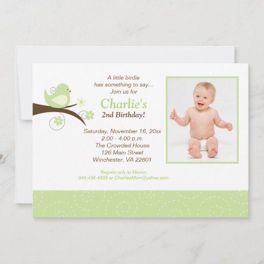 渦巻形のな鳥の粋な緑の写真の誕生日の招待 招待状 (正面)