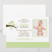 渦巻形のな鳥の粋な緑の写真の誕生日の招待 招待状 (正面/裏面)