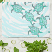 渦巻形のの水彩画のティール(緑がかった色)のウミガメは縞で飾ります キッチンタオル (折り畳み)