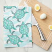 渦巻形のの水彩画のティール(緑がかった色)のウミガメは縞で飾ります キッチンタオル (四つ折り)