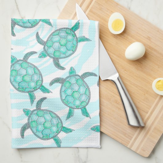渦巻形のの水彩画のティール(緑がかった色)のウミガメは縞で飾ります キッチンタオル (四つ折り)