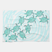 渦巻形のの水彩画のティール(緑がかった色)のウミガメは縞で飾ります キッチンタオル (横)