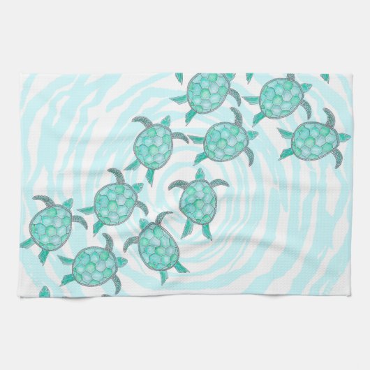 渦巻形のの水彩画のティール(緑がかった色)のウミガメは縞で飾ります キッチンタオル (横)