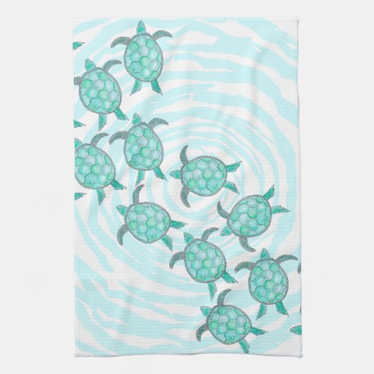 渦巻形のの水彩画のティール(緑がかった色)のウミガメは縞で飾ります キッチンタオル (縦)