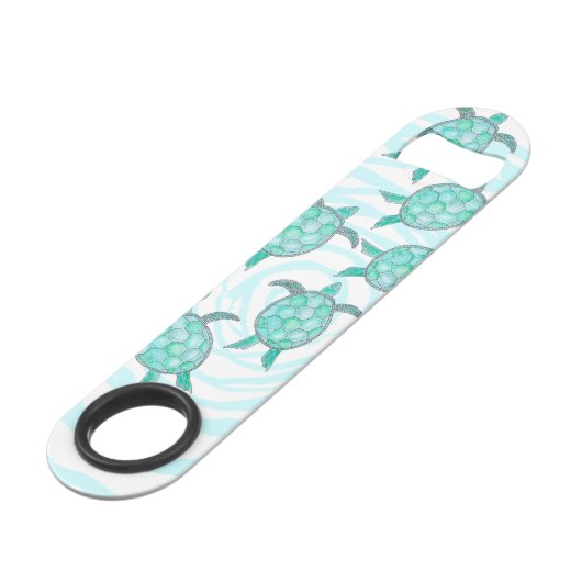 渦巻形のの水彩画のティール(緑がかった色)のウミガメは縞で飾ります スピード栓抜き (正面アングル)