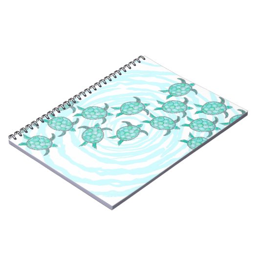 渦巻形のの水彩画のティール(緑がかった色)のウミガメは縞で飾ります ノートブック (左側)