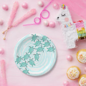 渦巻形のの水彩画のティール(緑がかった色)のウミガメは縞で飾ります ペーパープレート (パーティー)